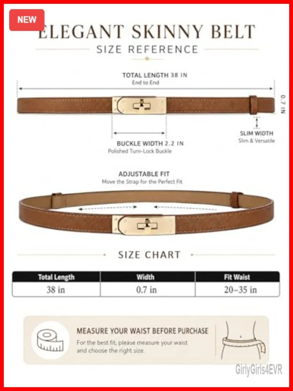 Adjustable Skinny Belt for Women Turn-Lock Gold Buckle Faux Leather